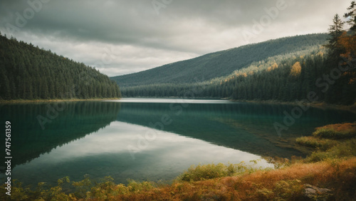 Lake surrounded by forest, outdoor landscape. Contrasting colors.