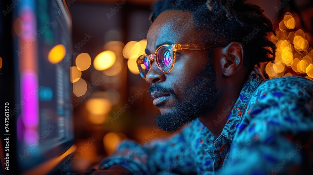 Cheerful African man using computer and smiling while sitting on the chair.