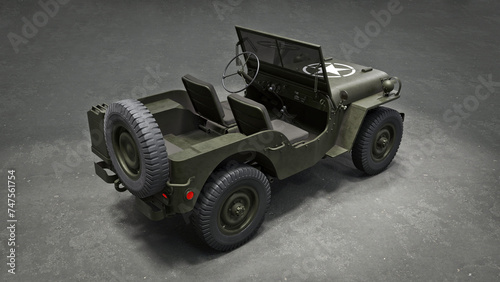 3D render of an American Willys jeep. Game industry. Gamedev.