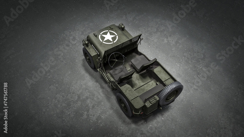 3D render of an American Willys jeep. Game industry. Gamedev.