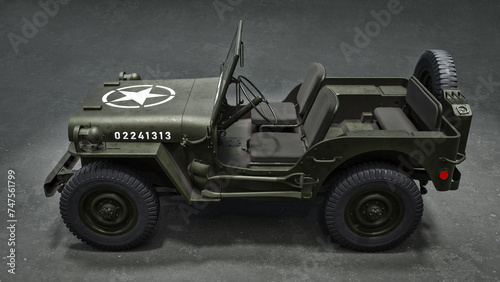 3D render of an American Willys jeep. Game industry. Gamedev.