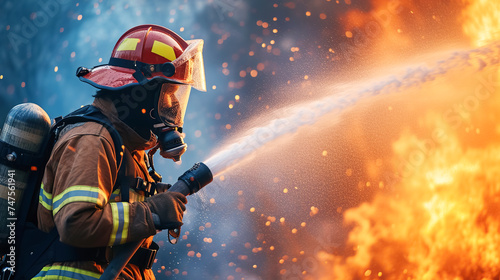 A brave firefighter in full gear extinguishes massive blaze with a hose, embodying bravery and commitment to public safety