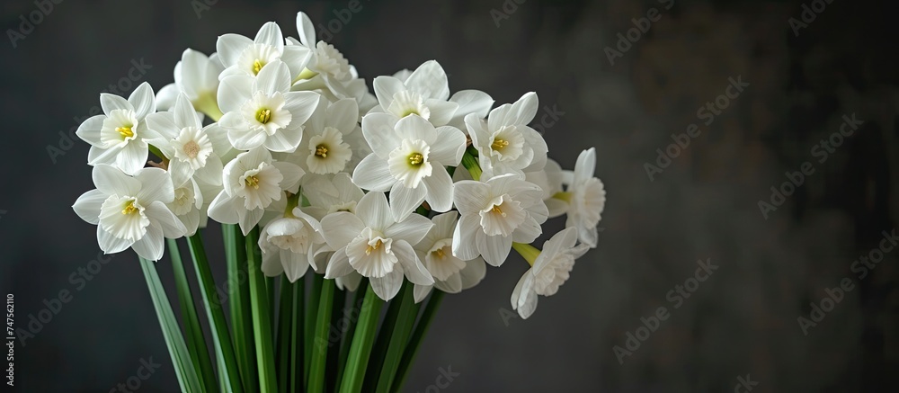 Obraz premium This photo shows a clear glass vase filled with white paperwhite narcissus bulbs, sitting on top of a wooden table. The delicate white flowers contrast beautifully against the dark table surface.