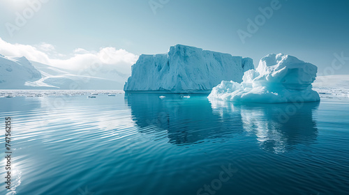 Antarctic landscape with icebergs and ice floes in the ocean. 