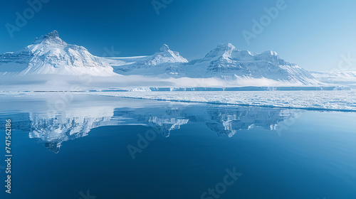Fantastic winter landscape with snow-capped mountains reflected in the water. 