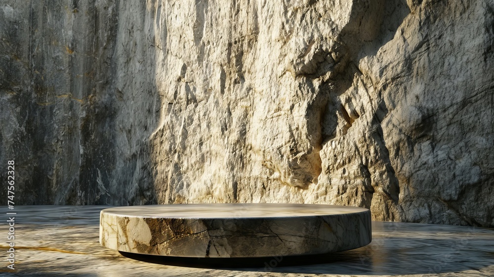 Stone podium for product presentation in a cave background For product display montage