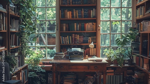 Old library with old typewriters and large windows