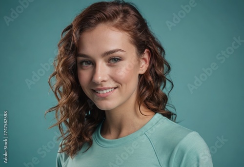 A woman with curly hair wearing a teal top smiles gently. Her soft expression is friendly and approachable.