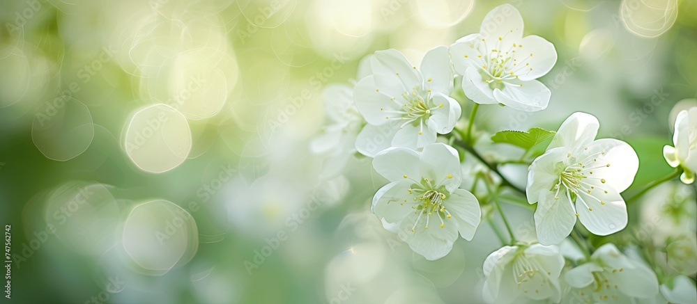 A bunch of white flowers with green leaves are showcased against a blurred green background, emphasizing the beauty of the spring blossoms.