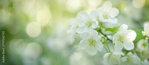 A bunch of white flowers with green leaves are showcased against a blurred green background, emphasizing the beauty of the spring blossoms.