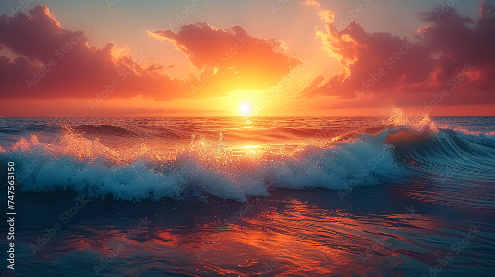 Beautiful seascape. Sunrise over the sea. 3d render