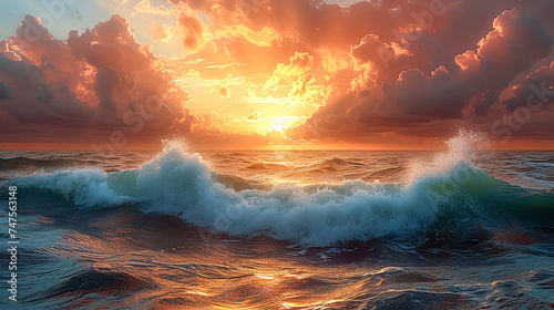 3D illustration of a beautiful sunset over the sea and the waves