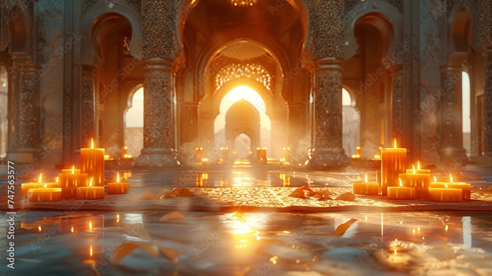 An illustration of the building inside the mosque interior.Celebration of Ramadan Kareem