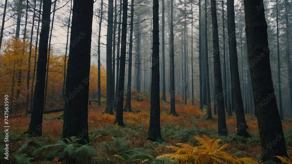 Fototapeta premium Autumn forest, view from the inside