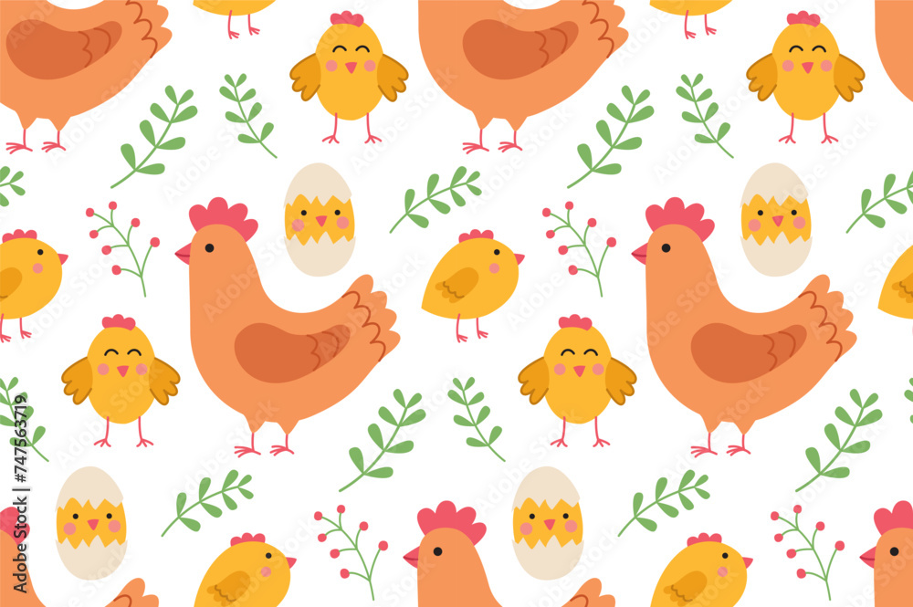 Seamless pattern with a cute chicken, chicks and plants. Vector cartoon backdrop Seamless pattern with a cute chicken, chicks and plants. Vector cartoon backdrop