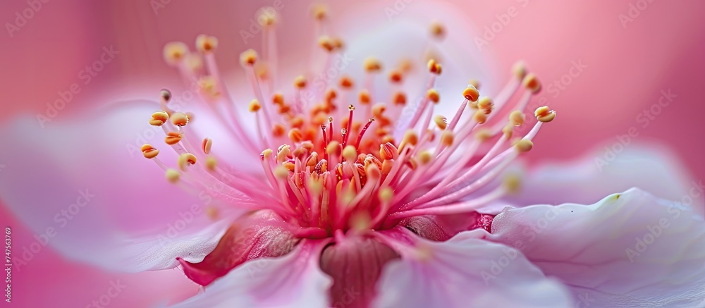 Fototapeta premium This photo showcases a detailed close-up of a pink and white flower.