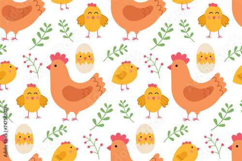 Seamless pattern with a cute chicken, chicks and plants. Vector cartoon backdrop