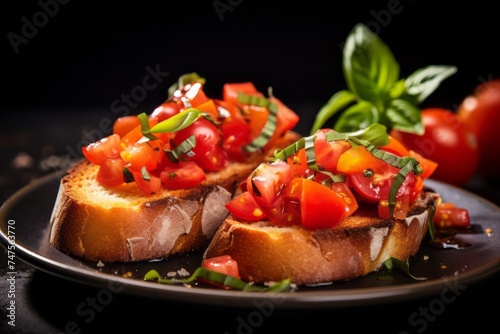 Macro detail close-up photography of a refined bruschetta on a rustic plate against a polished metal background. AI Generation