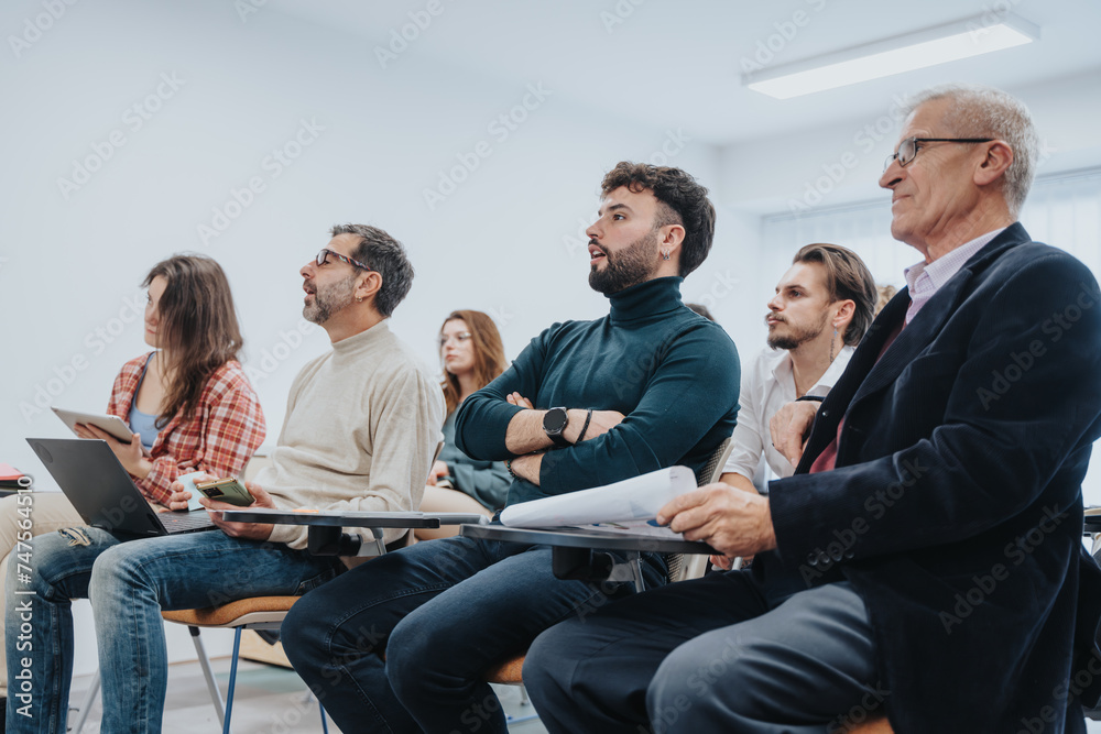 A varied group of attentive people participate in a corporate training session. They are sitting in a bright, contemporary office space, focused on the presenter. A varied group of attentive people participate in a corporate training session. They are sitting in a bright, contemporary office space, focused on the presenter.