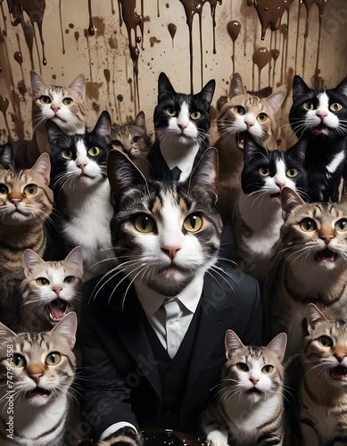A distinguished cat dressed in a suit stands out in a crowd of attentive felines against a beige background with chocolate drips. This unique portrayal combines sophistication with a touch of whimsy. © video rost