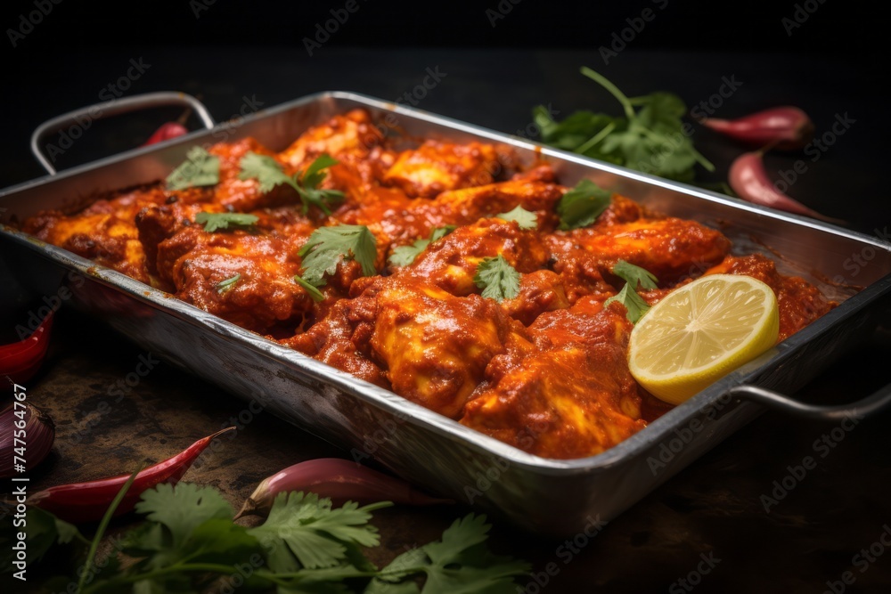 Natural light close-up photography of a juicy chicken tikka masala on a metal tray against a polished metal background. AI Generation