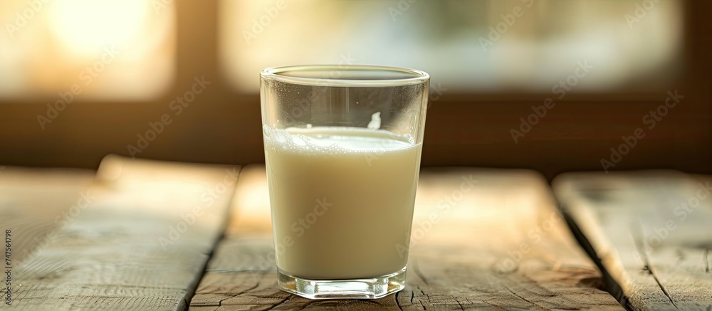 A glass filled with fresh milk is placed on top of a sturdy wooden table. A glass filled with fresh milk is placed on top of a sturdy wooden table.