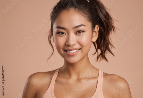 A smiling athletic woman in a pink sports tank. Her upbeat expression reflects an active and healthy lifestyle.