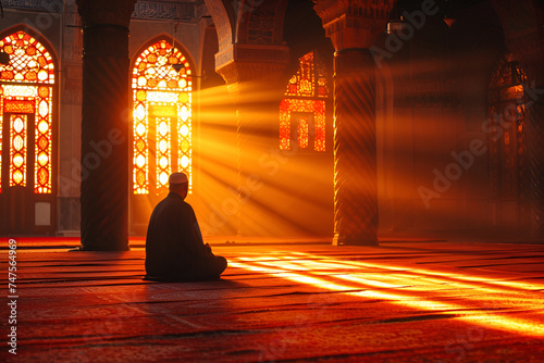 An Arab man engages in prayer within a mosque, illuminated by the gentle rays of sunlight