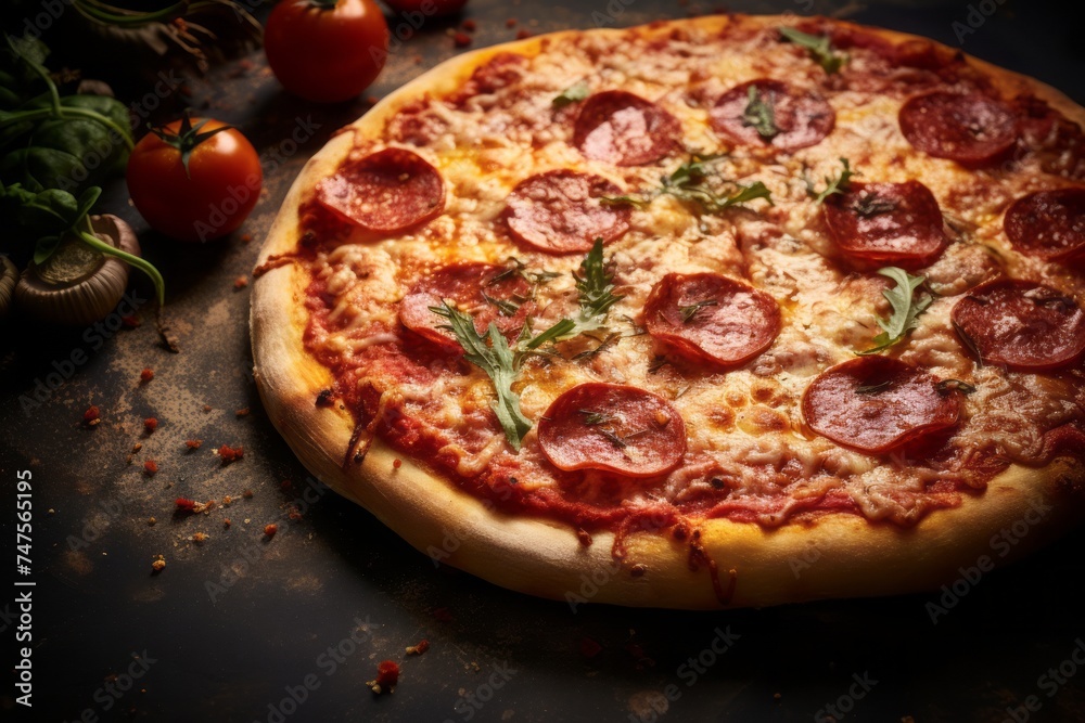 Highly detailed close-up photography of a tasty pizza on a marble slab against a leather background. AI Generation
