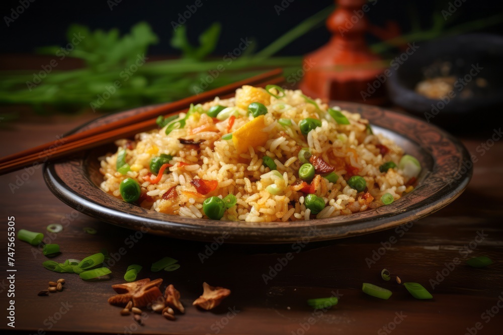 Macro detail close-up photography of a delicious fried rice on a rustic plate against a leather background. AI Generation Macro detail close-up photography of a delicious fried rice on a rustic plate against a leather background. AI Generation