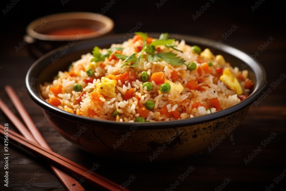 Macro detail close-up photography of a delicious fried rice on a rustic plate against a leather background. AI Generation Macro detail close-up photography of a delicious fried rice on a rustic plate against a leather background. AI Generation