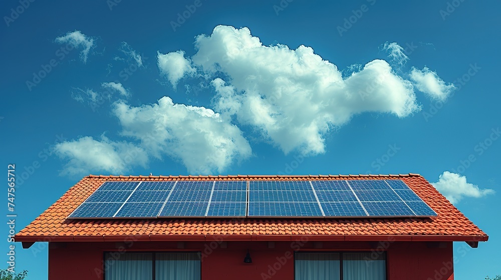 Solar panel on a red roof reflecting the sun and the cloudless blue sky Solar panel on a red roof reflecting the sun and the cloudless blue sky