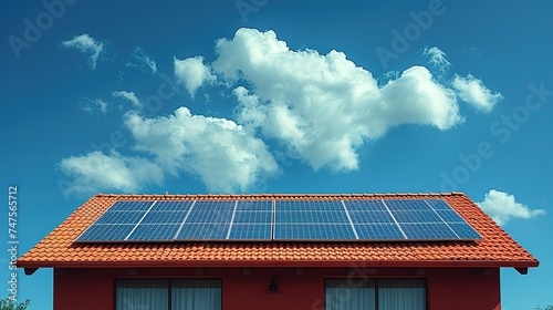 Solar panel on a red roof reflecting the sun and the cloudless blue sky
