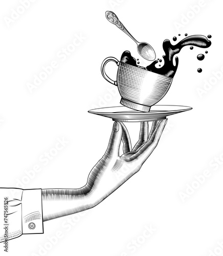Woman's hand with a saucer on her fingers, cup with a splashed coffee and spoon mid air isolated on white. Vintage stylized drawing. Vector illustration