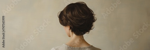 Rear view of a girl with short brown hair, care and hair care concept, banner photo