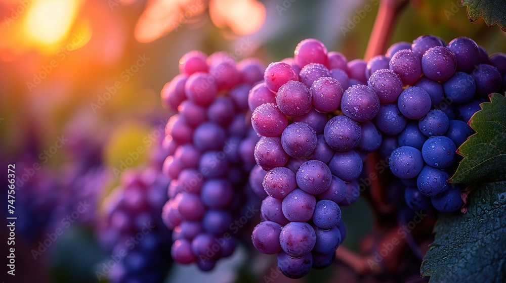 A bunch of red grapes between the grape leaves in a vineyard of Güímar, Tenerife, Canary Islands