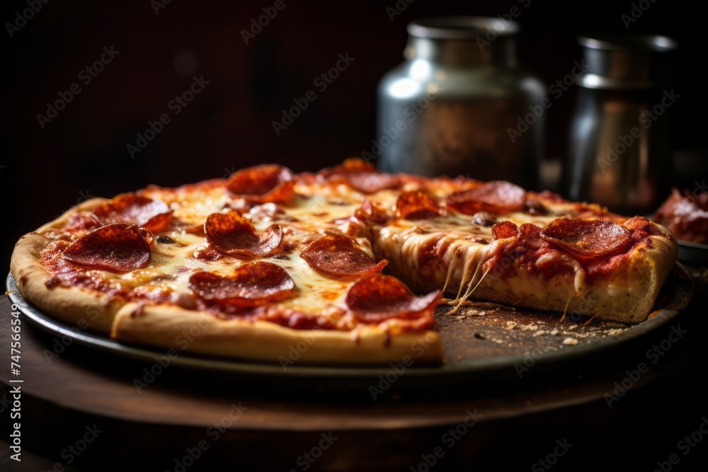 Highly detailed close-up photography of an hearty pizza on a porcelain platter against an aged metal background. AI Generation