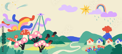 Funny psychedelic background, landscape with cartoon elements for design elements for breaking news