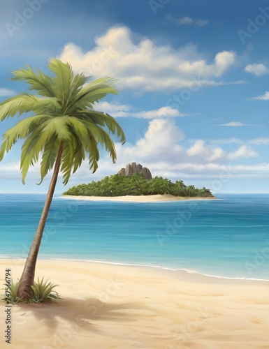 Sandy tropical beach with island on background Generative Ai