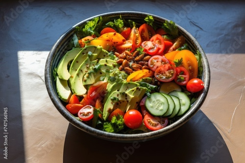 High-quality high angle image of bright and healthy salad bowl, perfect for healthy eating concepts