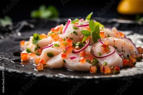 Macro detail close-up photography of a tasty ceviche on a slate plate against a leather background. AI Generation