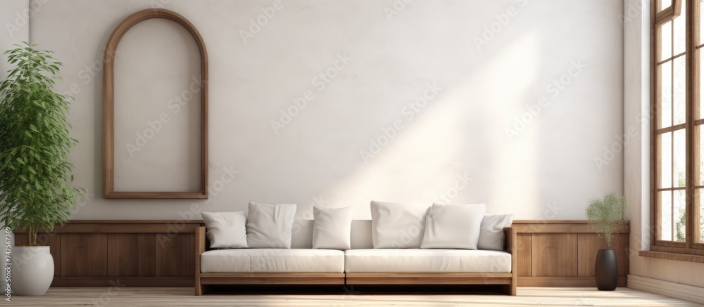 A white couch sits in a living room, next to a potted plant. The room features a big window and a brown board. A white couch sits in a living room, next to a potted plant. The room features a big window and a brown board.