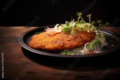 Macro detail close-up photography of a refined schnitzel on a rustic plate against a leather background. AI Generation