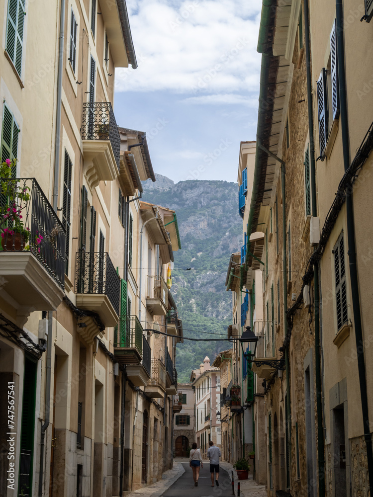 A Soller street with Tranmuntana mountains at the end