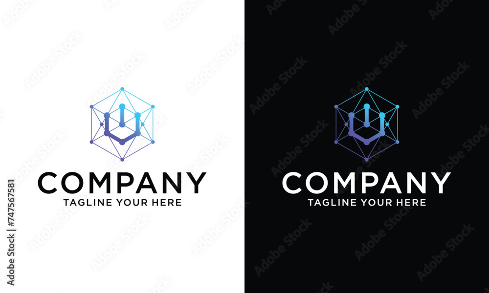 Letter U circle dot logo hexagon blue color. Technology on a black and white background. Letter U circle dot logo hexagon blue color. Technology on a black and white background.