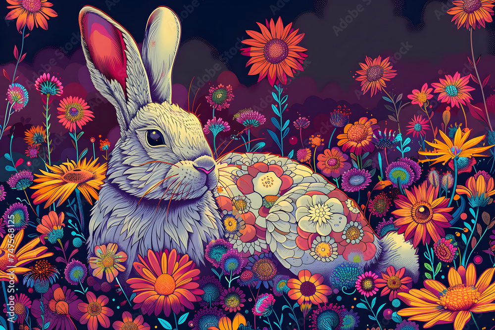The Easter Bunny. Psychedelic Style Colorful Illustration