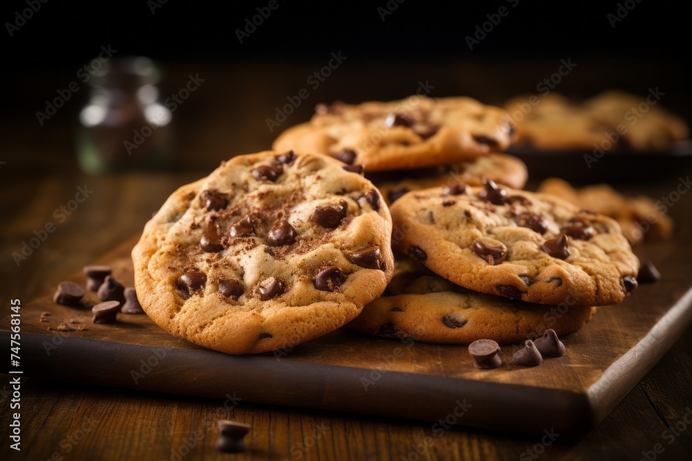 Detailed close-up photography of a tasty chocolate chip cookies on a wooden board against a leather background. AI Generation