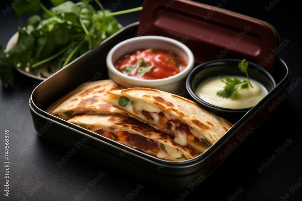 Close-up view photography of a tasty quesadilla in a bento box against a leather background. AI Generation