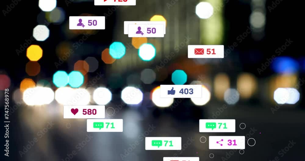 Animation of media icons over night city Animation of media icons over night city