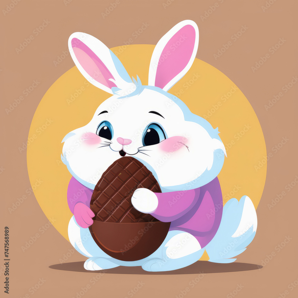Obraz premium Colorful illustration of a cute fat Easter bunny holding a vivid chocolate Easter egg isolated on a solid color background.